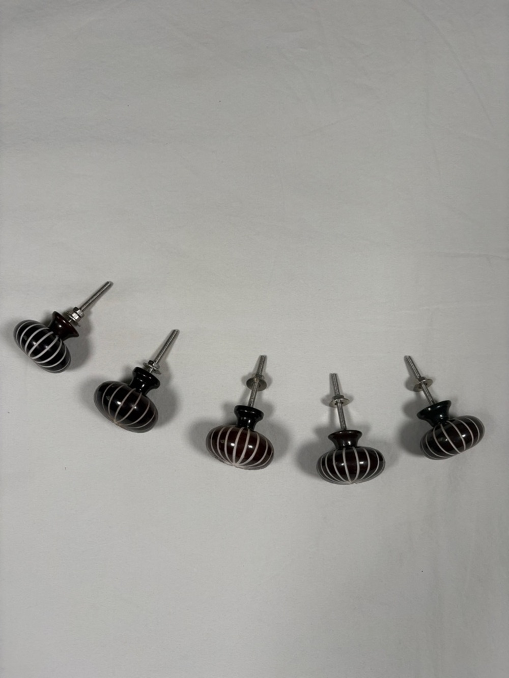Vintage Brown and White Striped Glass Drawer Knobs - Set of 5